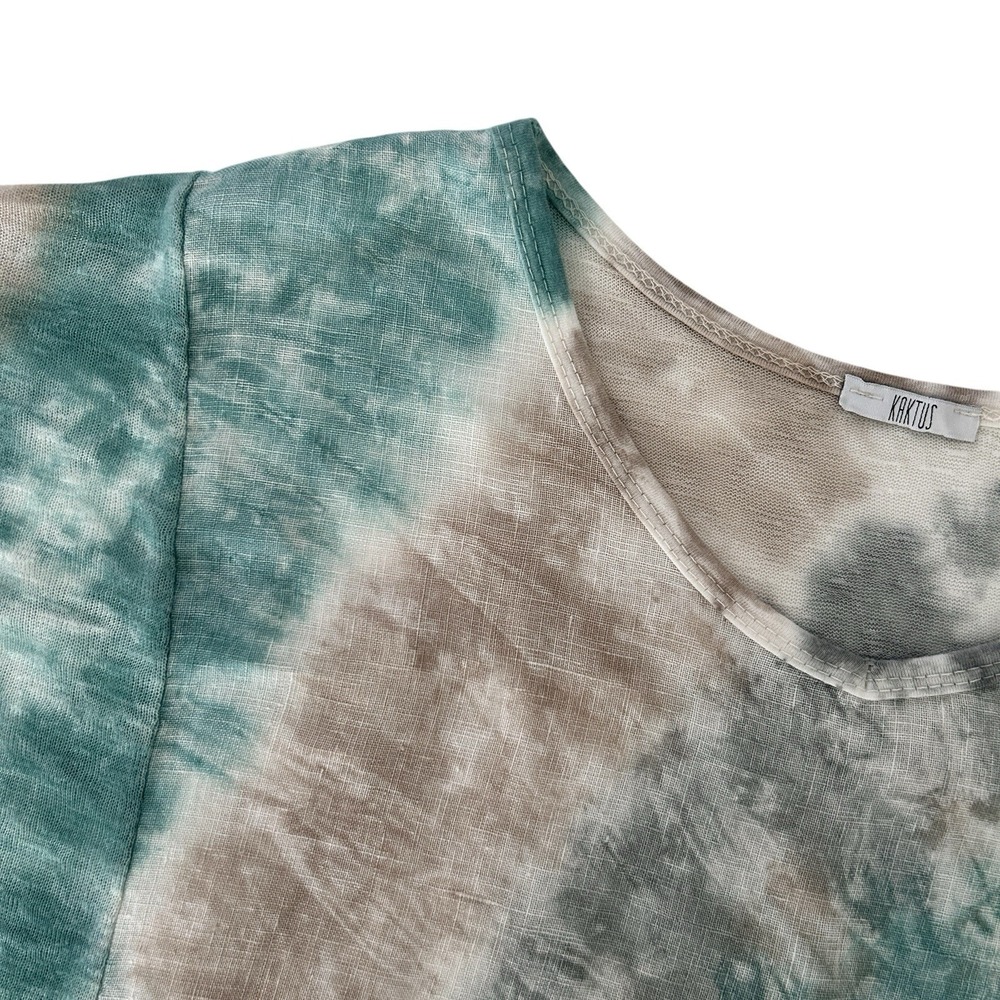 Kaktus Size Large 100% Linen Made in Italy Tie Dye Roll Tab Sleeve V-Neck Top - Picture 8 of 14